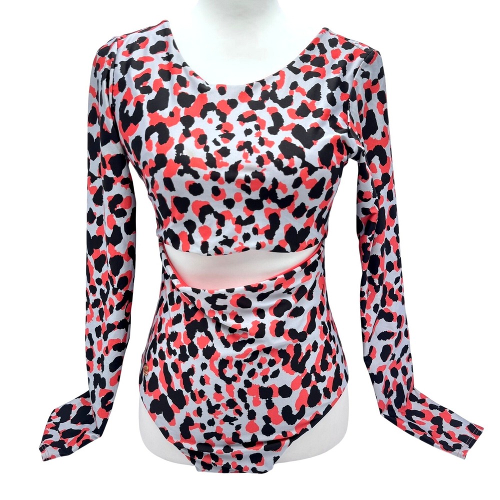 LEONISA Women's Medium Pink Leopard Print Long‎ Sleeve Cutout One Piece Swimsuit